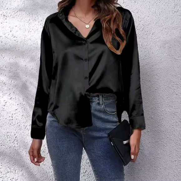 Tops - Women Black Silk Buttoned Long Sleeve Shirt